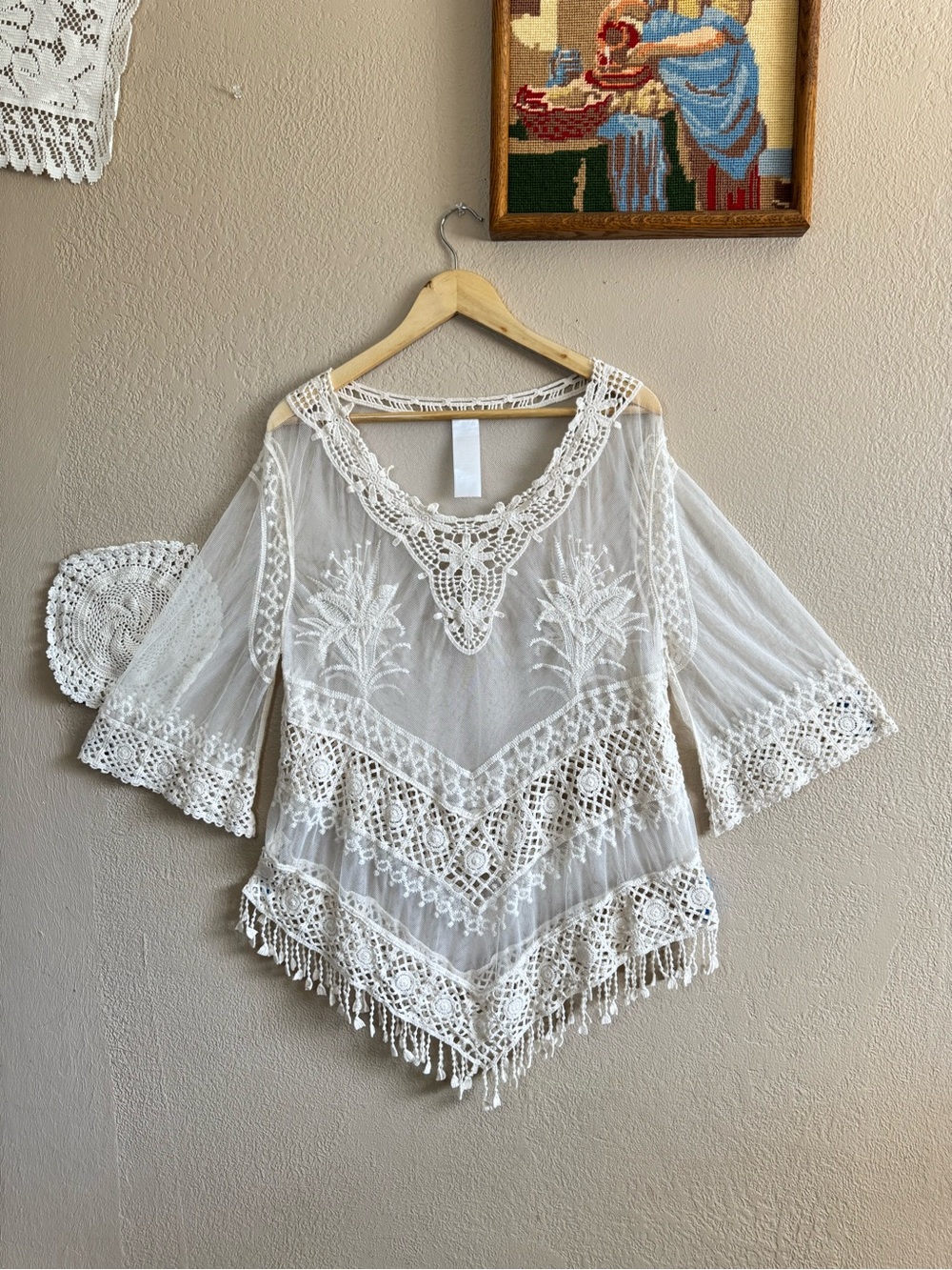 Boho Crochet Lace Fringe Cover-Up Top | Size M/L
